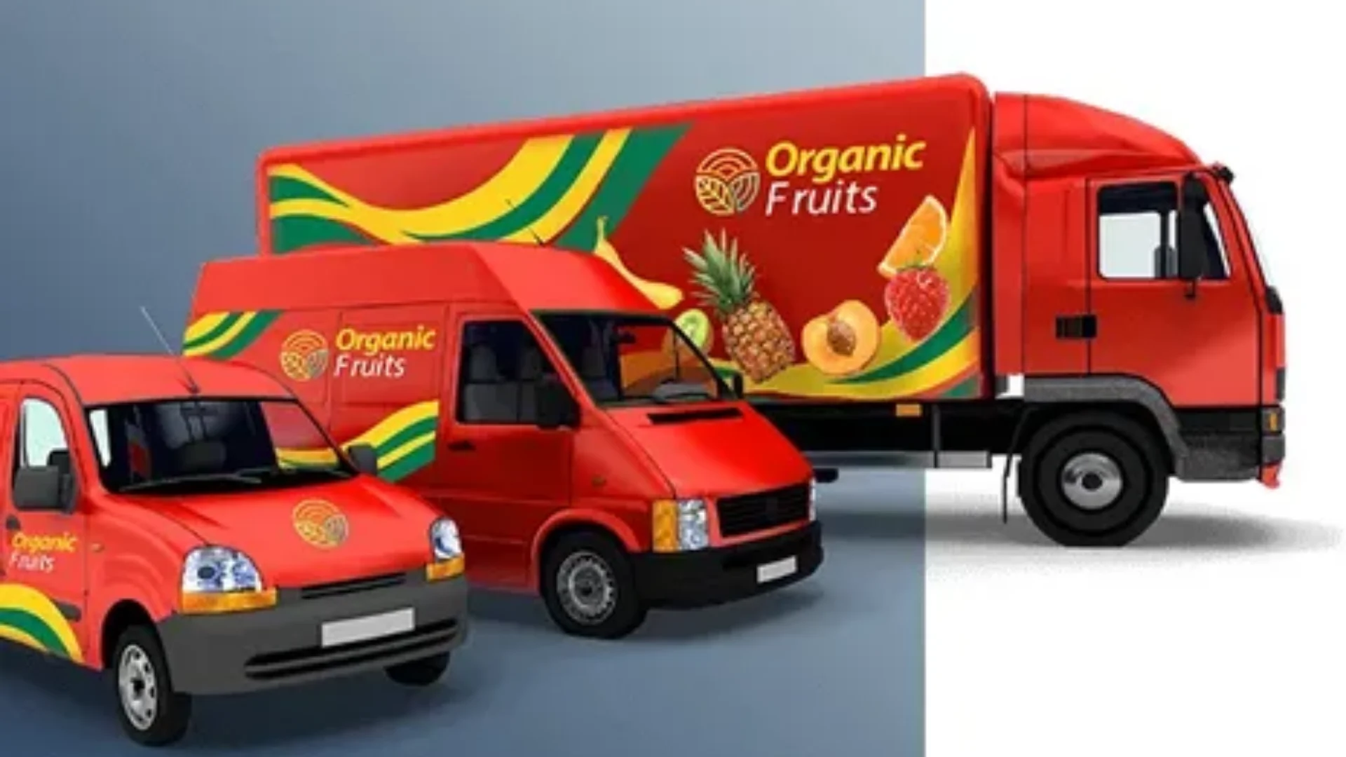 10 Most Common Vehicle Branding Mistakes In Dubai And How To Avoid Them 7 Three Red Delivery Vehicles Of Different Sizes Branded With &Quot;Organic Fruits&Quot; And Colorful Green And Yellow Swooshes, Featuring Images Of Fresh Fruits On The Largest Truck.